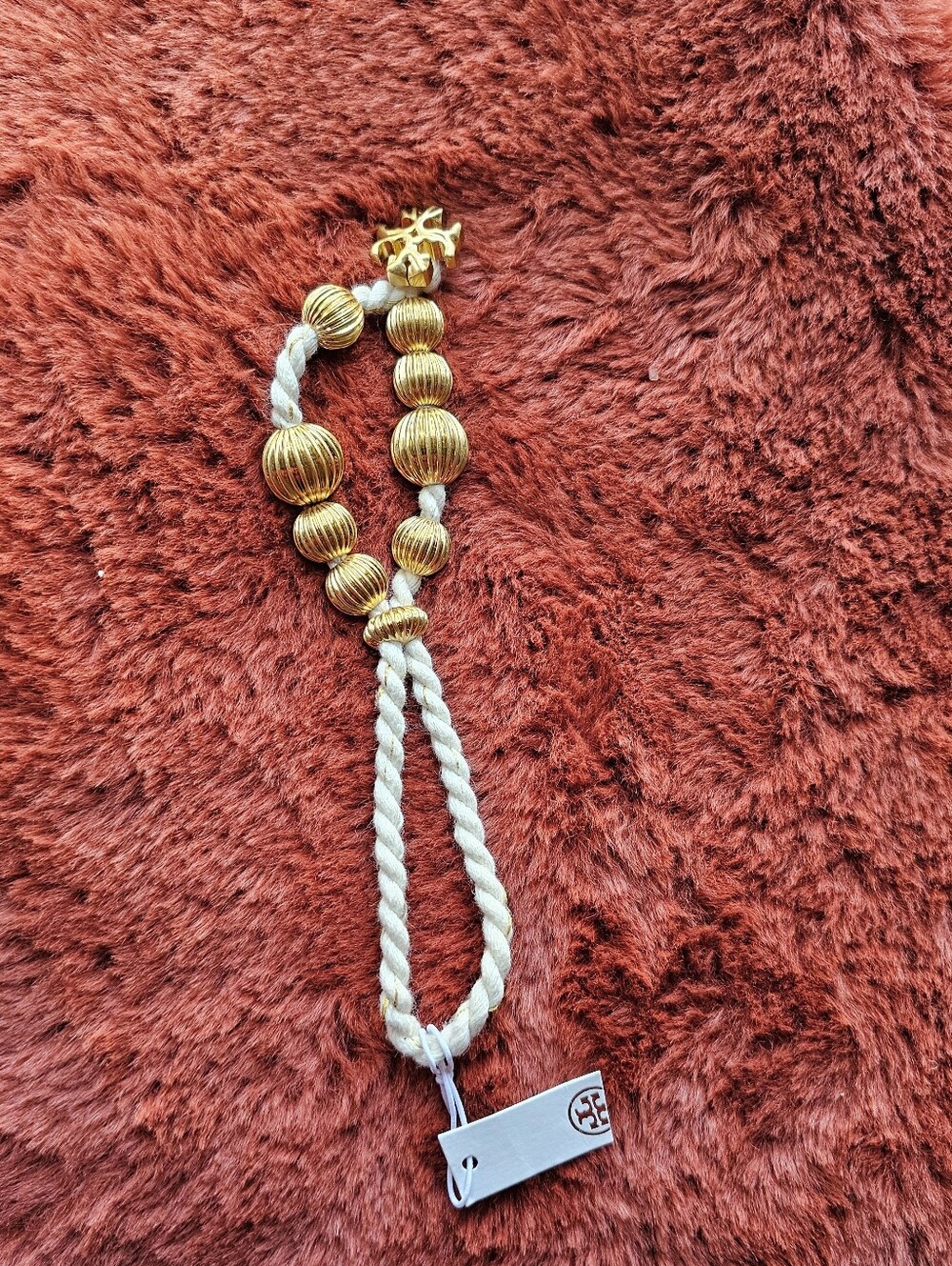 Tory Burch Gold Beaded Hair Tie with Cream Rope Detail